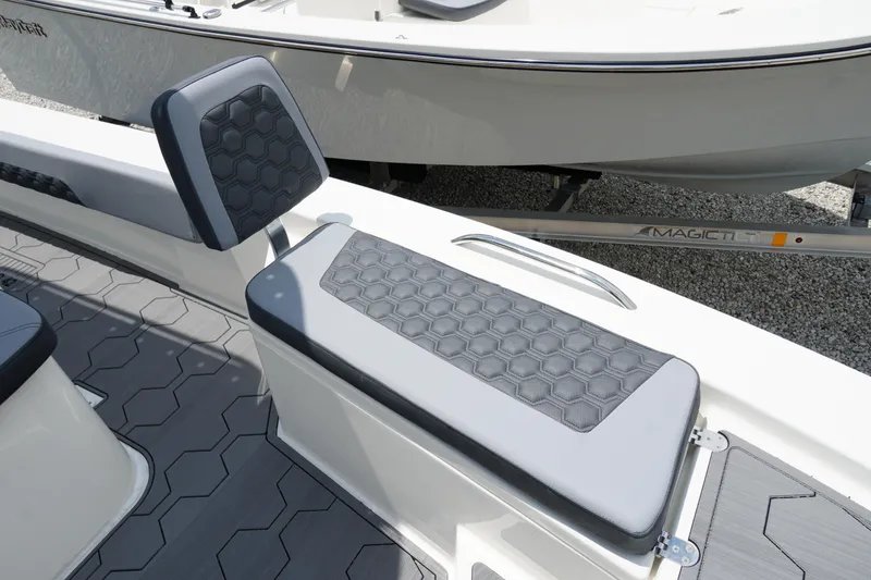 Slide: The Image of 2026 May-Craft 220 Bay boat seat with hexagonal pattern upholstery. - 32