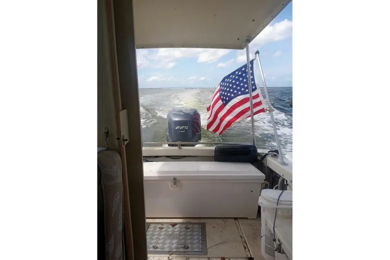 Slide: The Image of 2005 Rosborough RF-246 Sedan Cruiser on water, American flag waving, outboard motor visible. - 19