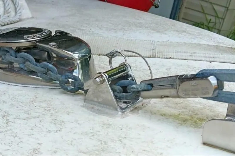 Slide: The Image of Anchor chain mechanism on 2005 Rosborough RF-246 Sedan Cruiser deck. - 33