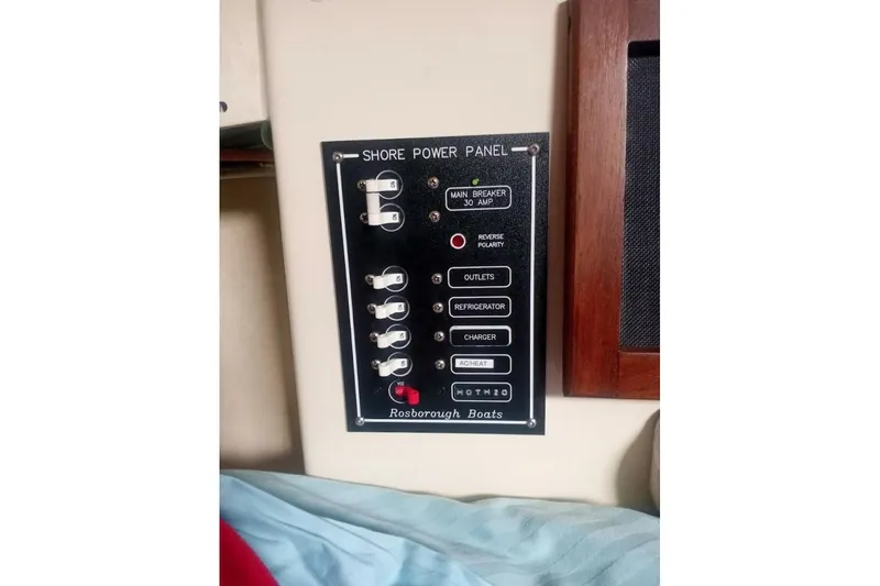 Slide: The Image of Shore power panel on 2005 Rosborough RF-246 Sedan Cruiser, featuring main breaker and switches. - 38