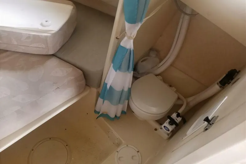 Slide: The Image of 2005 Rosborough RF-246 Sedan Cruiser interior with toilet and striped curtain. - 54