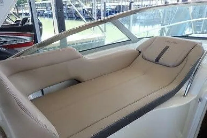 Slide: The Image of Luxurious seating area on 2016 Sea Ray 350 Sundancer yacht, featuring elegant design and scenic view. - 55