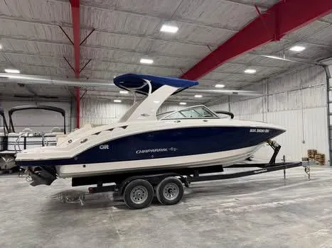 Slide: The Image of 2011 Chaparral 264 Sunesta boat on trailer in indoor storage facility. - 3
