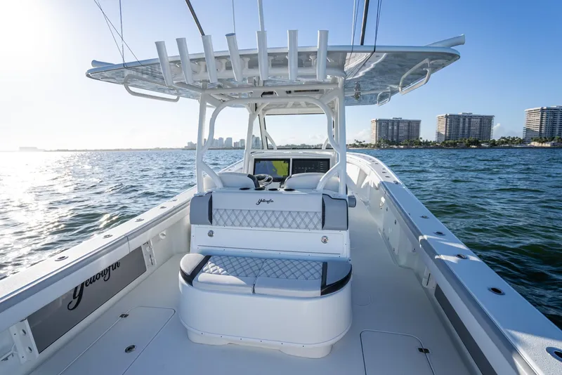 Slide: The Image of 2019 Yellowfin 39 boat interior with seating and ocean view. - 26