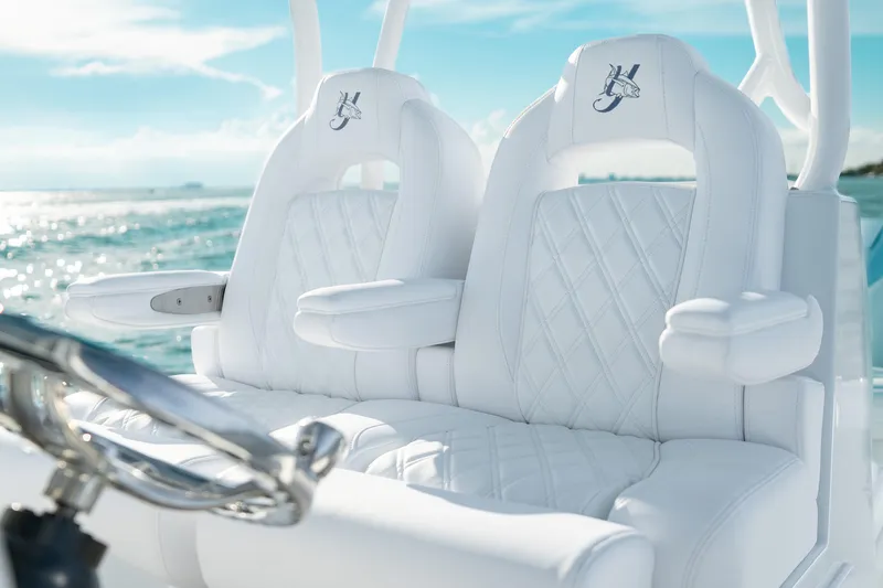 Slide: The Image of Luxurious white seating on 2026 Yellowfin 36 Offshore boat with ocean backdrop. - 15