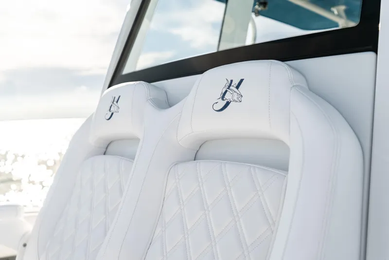 Slide: The Image of Luxury seating on 2026 Yellowfin 36 Offshore boat with embroidered logo. - 22