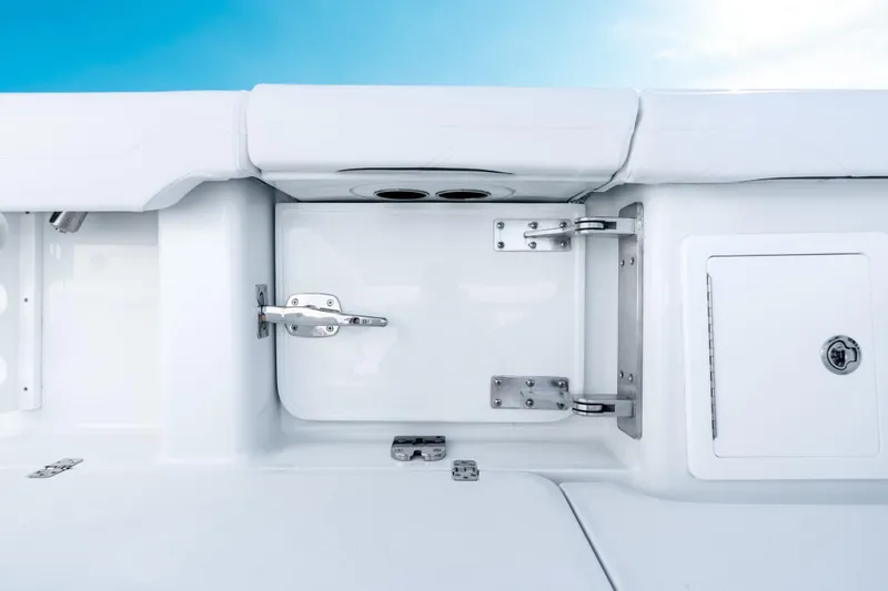 Slide: The Image of 2026 Yellowfin 36 Offshore boat interior with sleek white finish and stainless steel hardware. - 28