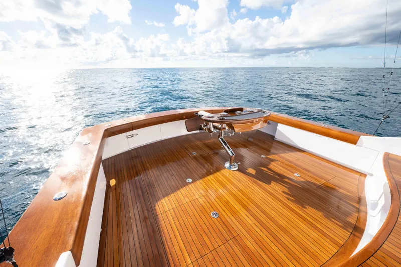 Slide: The Image of Luxurious 2025 Garlington 71' Flybridge yacht deck with ocean view. - 19
