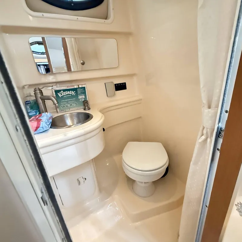 Slide: The Image of Compact bathroom in a 2010 Glastron GS 289 boat, featuring a toilet and sink. - 19