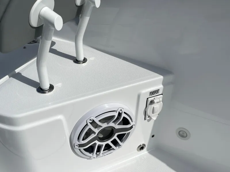 Slide: The Image of 2026 Everglades 375cc boat interior with speaker and power port. - 14