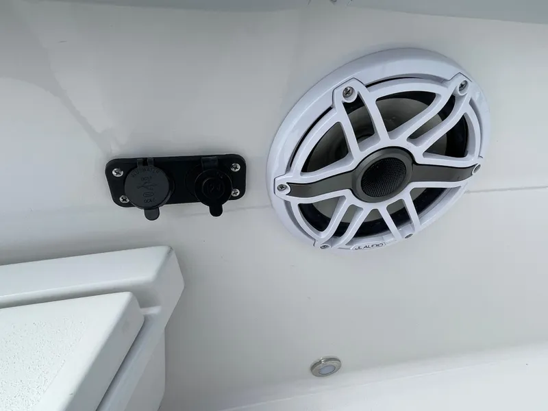 Slide: The Image of 2026 Blackfin 262 HB boat speaker and power outlet detail. - 19
