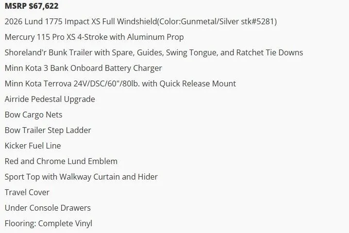 Slide: The Image of 2026 Lund 1775 Impact XS Sport boat features and pricing details. - 32