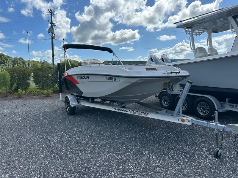 Slide: The Image of 2021 Starcraft SVX 191 OB boat on trailer under blue sky. - 4