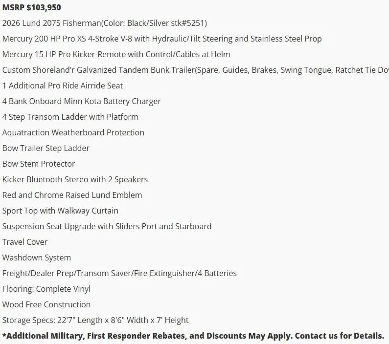 Slide: The Image of 2026 Lund 2075 Fisherman boat features and pricing details. - 5