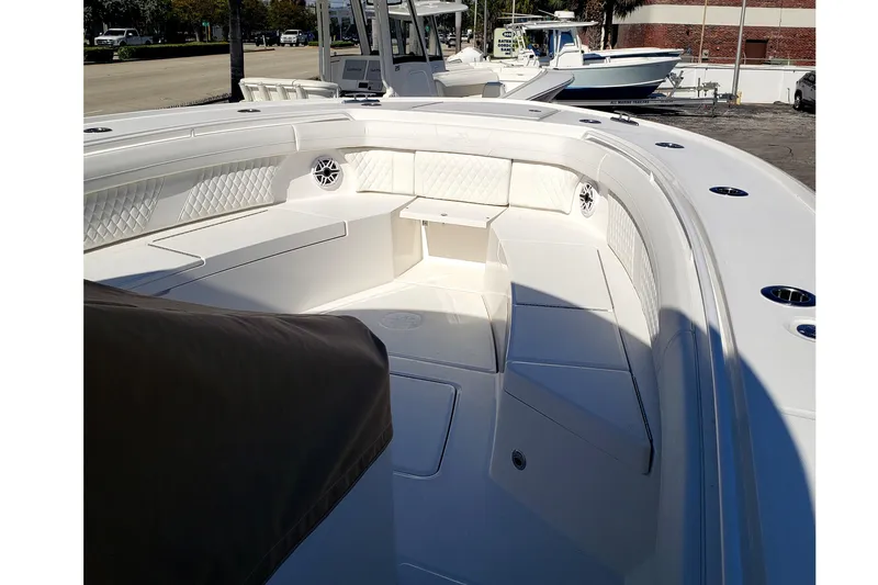 Slide: The Image of 2026 Regulator 35 boat interior with logo and model number displayed. - 22