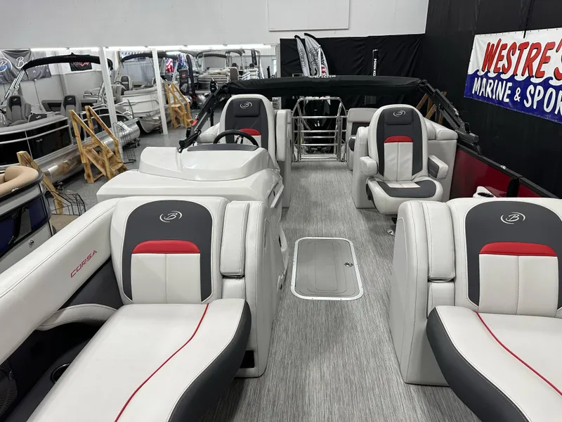 Slide: The Image of 2021 Barletta 23QCSS pontoon boat interior with stylish seating and modern design. - 15