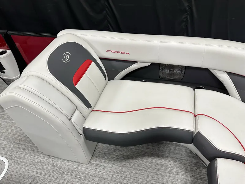 Slide: The Image of 2021 Barletta 23QCSS boat interior with stylish white and red seating. - 16