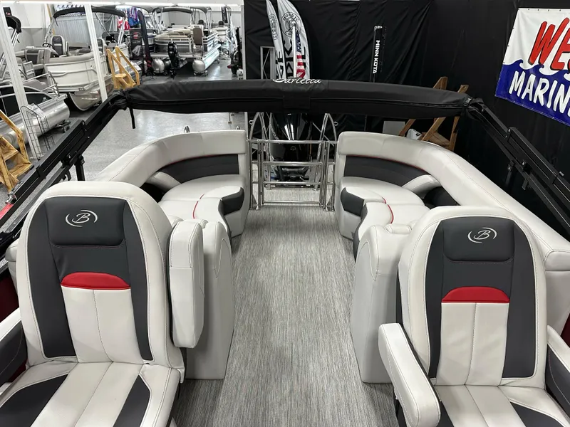 Slide: The Image of 2021 Barletta 23QCSS pontoon boat interior with stylish seating and modern design. - 25