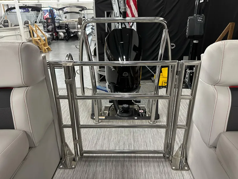 Slide: The Image of 2021 Barletta 23QCSS pontoon boat interior with stainless steel railing and seating. - 27