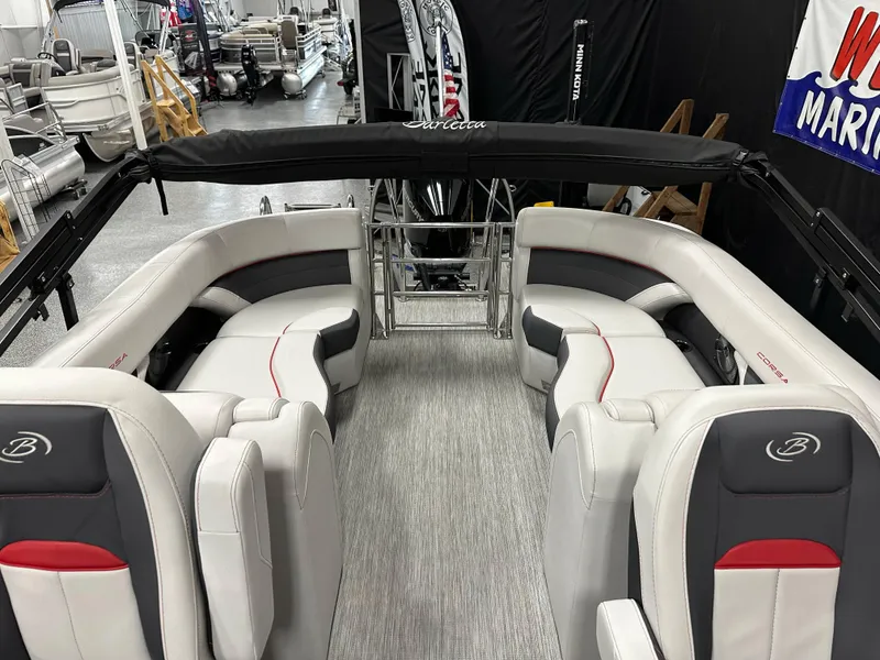 Slide: The Image of 2021 Barletta 23QCSS pontoon boat interior with luxurious seating and modern design. - 32
