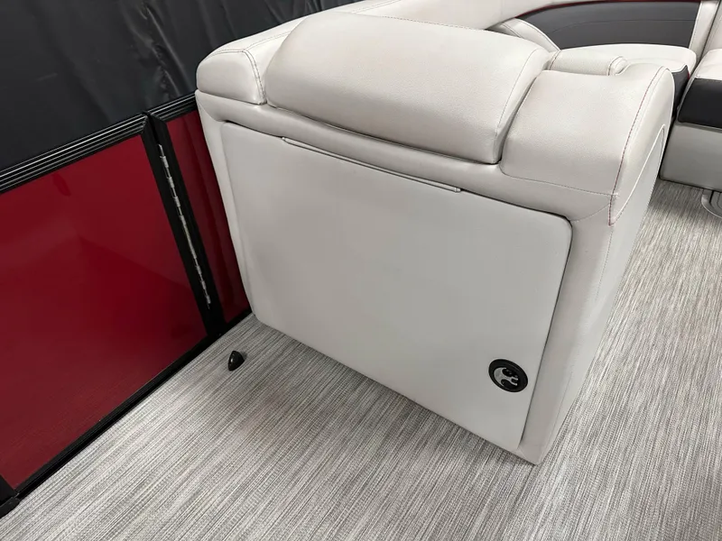Slide: The Image of 2021 Barletta 23QCSS boat interior with white seating and red paneling. - 33