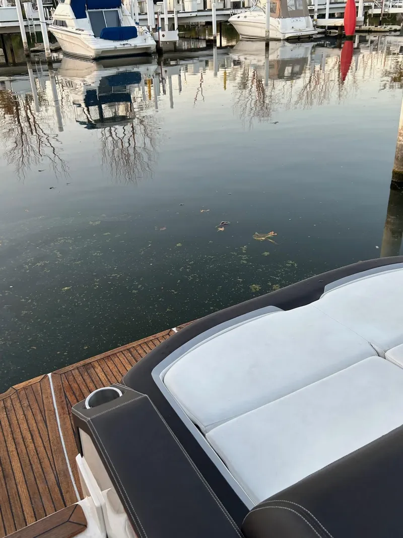 Slide: The Image of 2016 Sea Ray 310 SLX boat docked, with water and other boats in the background. - 3