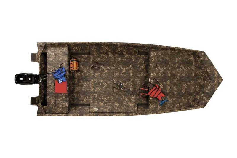 Slide: The Image of Manufacturer Provided Image: 2022 Lowe Roughneck RX2070 Tiller boat, top view, camo pattern, with gear and life jackets. - 15