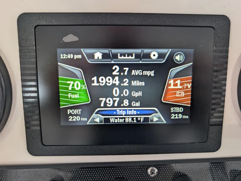 Slide: The Image of Yamaha Boats 210 FSH Sport 2018 dashboard displaying fuel, mileage, and trip information. - 8