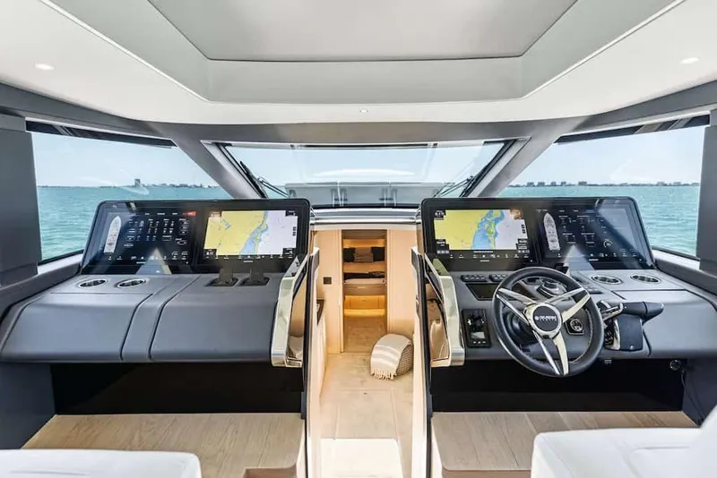 Slide: The Image of Interior of 2025 Scout 670 LXS yacht with advanced navigation displays and steering wheel. - 8