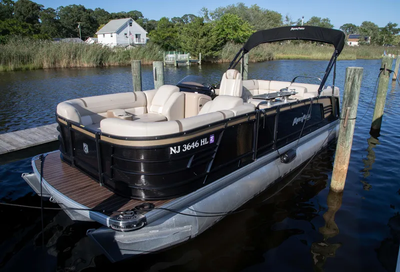 The Image of 2018 Godfrey 255 ULB pontoon boat docked on a serene lake. - 0