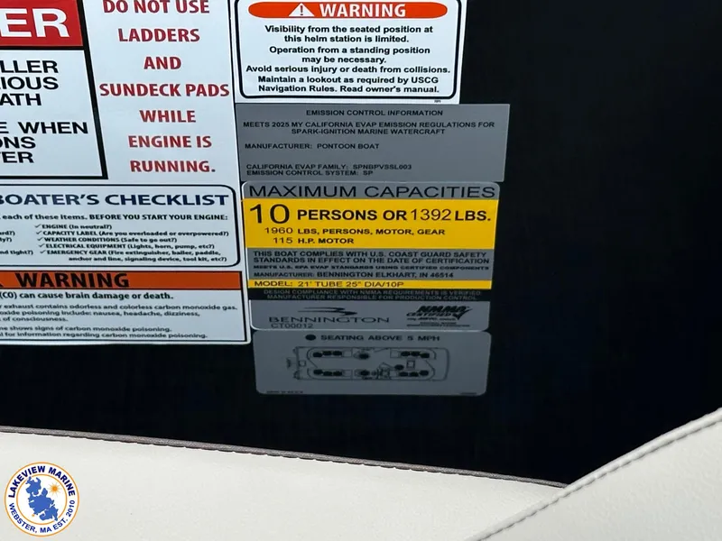 Slide: The Image of Warning and capacity labels on 2025 Bennington 22 SSR boat interior. - 15