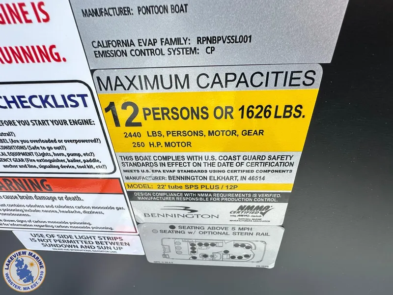 Slide: The Image of 2025 Bennington 23 LXSSB capacity label: 12 persons or 1626 lbs, 250 HP motor. - 11