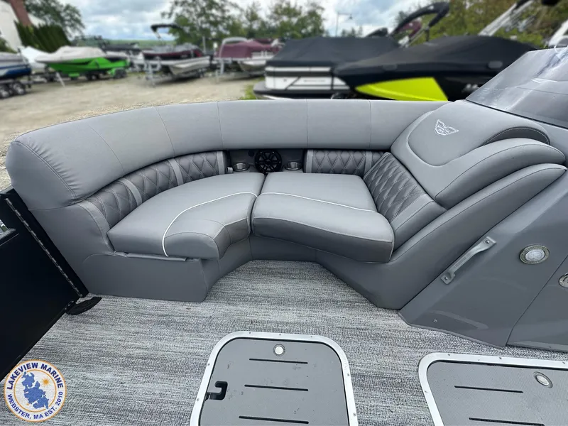 Slide: The Image of Luxurious seating on 2025 Bennington 23 LXSSB boat, featuring elegant gray upholstery. - 4