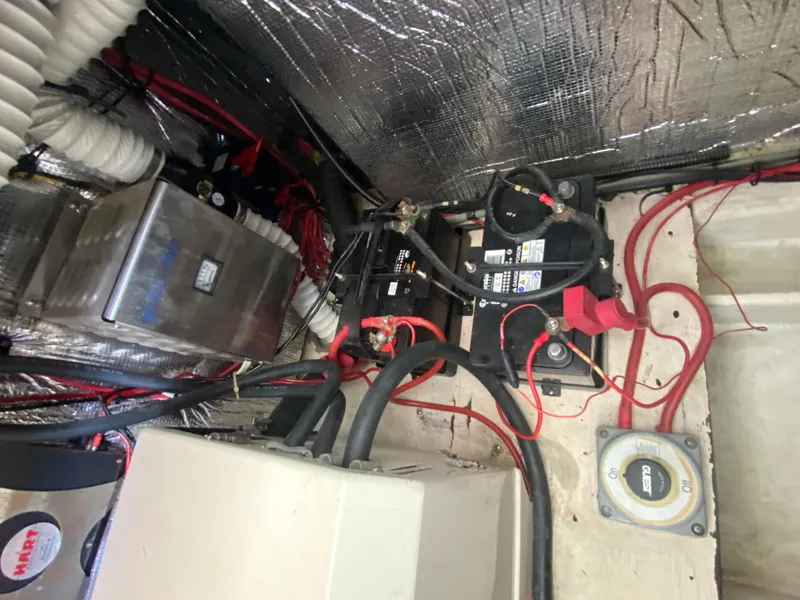 Slide: The Image of Electrical system of a 1999 Cruisers Yachts 3375 Esprit with batteries and wiring. - 33