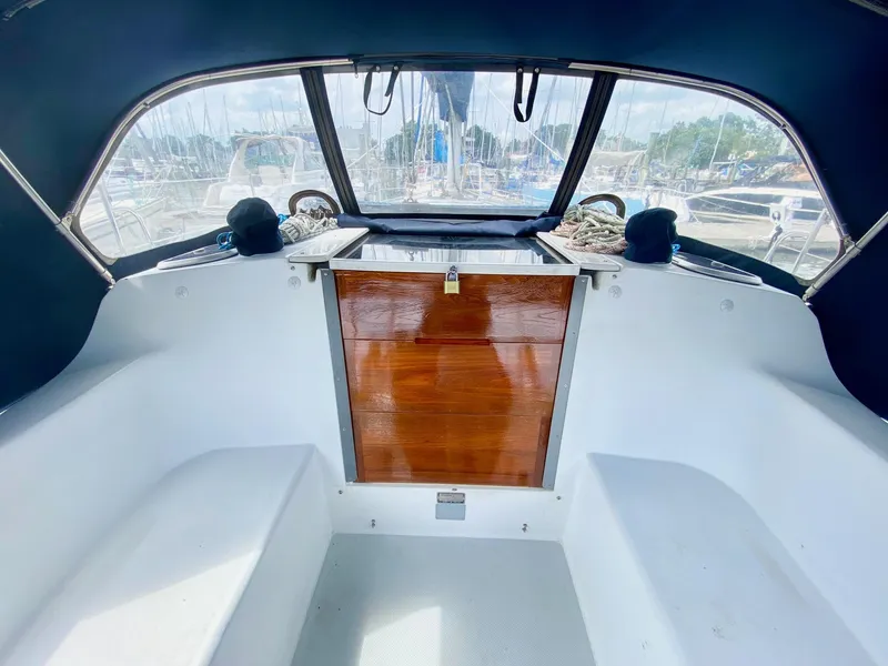 Slide: The Image of Interior view of 1995 Catalina 36 MkII sailboat cockpit with wooden hatch and seating. - 13
