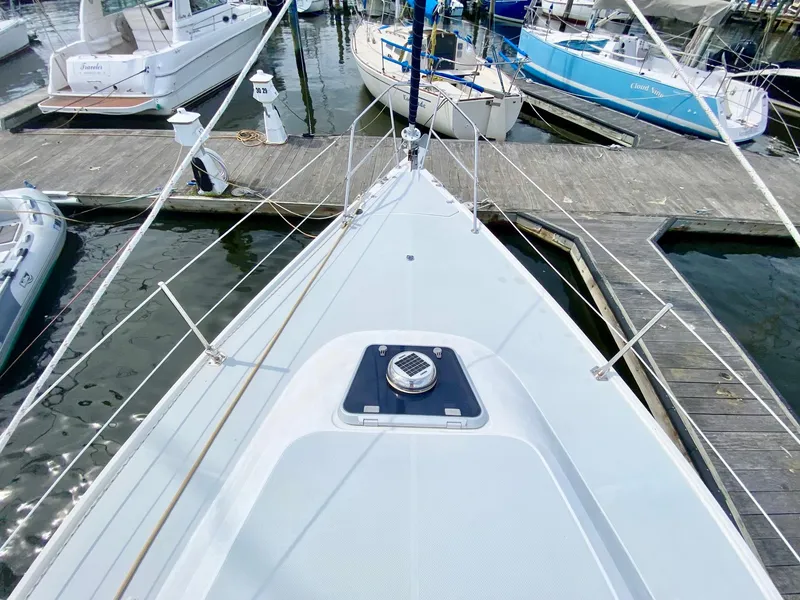 Slide: The Image of 1995 Catalina 36 MkII sailboat docked at marina, view from bow. - 9