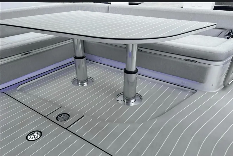 Slide: The Image of Luxurious seating area on 2022 Azimut Verve 42 yacht, docked by the water. - 9