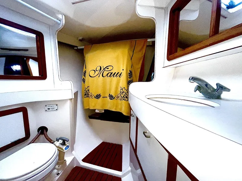 Slide: The Image of Interior of 1992 Catalina 42 MK 1 yacht bathroom with sink, toilet, and yellow towel. - 15