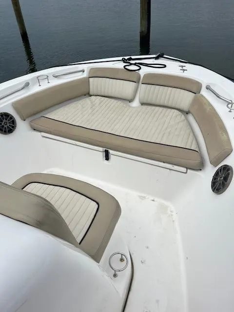 Slide: The Image of 2016 Sea Fox 186 Commander boat interior with cushioned seating and speakers. - 10