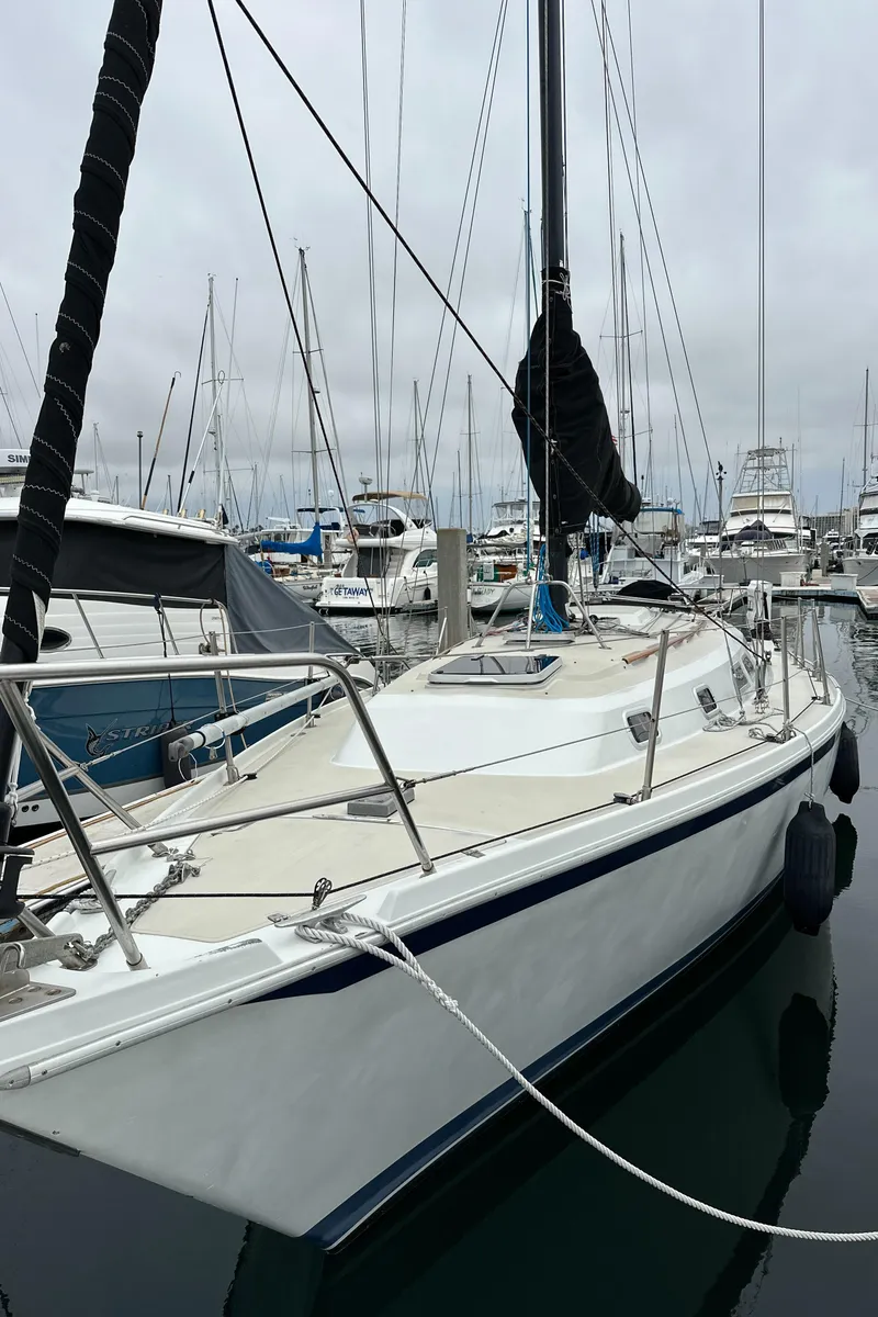 Slide: The Image of 1987 Ericson 34 2 sailboat docked in a marina, surrounded by other boats. - 43