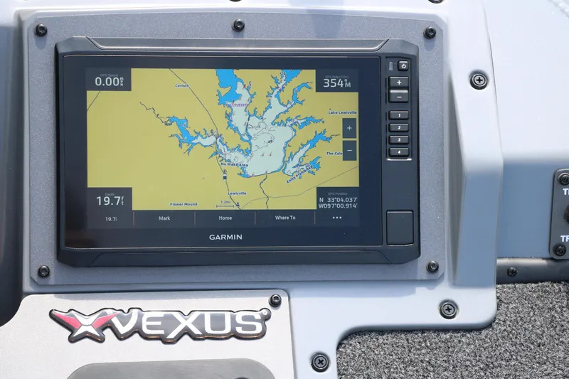 Slide: The Image of Garmin GPS display on 2025 Vexus AVX1980 boat dashboard, showing lake map and coordinates. - 30