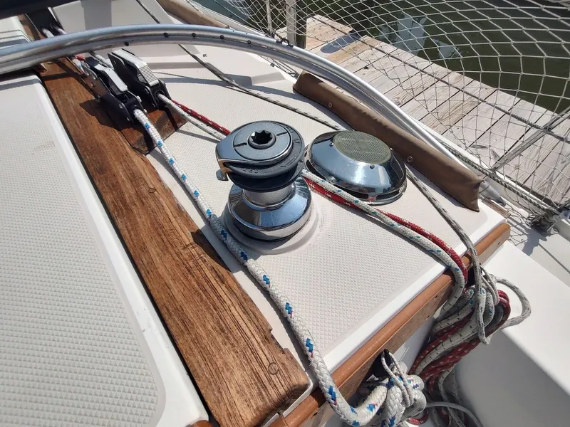 Slide: The Image of Close-up of Catalina C-34 sailboat deck with winch and ropes, 1986 model. - 24