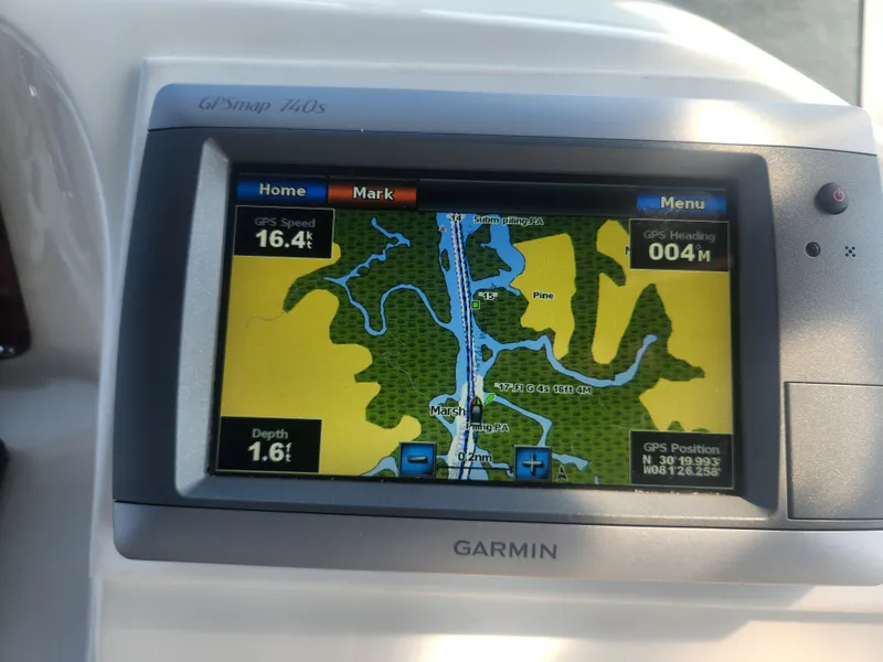 Slide: The Image of Garmin GPS display on 2000 Silverton 453 Motor Yacht showing speed, heading, and map. - 12