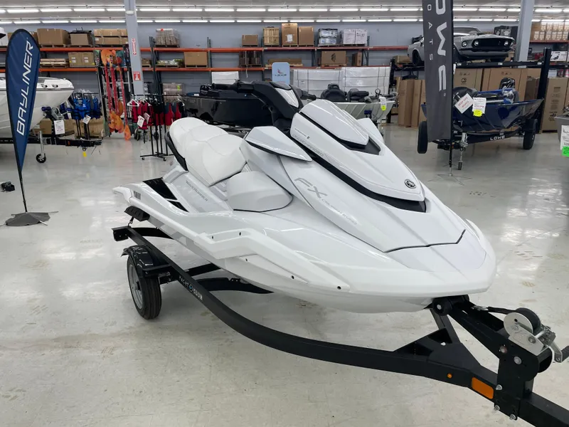 Slide: The Image of 2025 Yamaha WaveRunner FX Cruiser SVHO in showroom, displayed on trailer. - 5