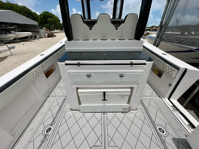 Slide: The Image of 2021 Streamline 35CC boat interior with storage and seating, featuring a sleek design and modern amenities. - 16