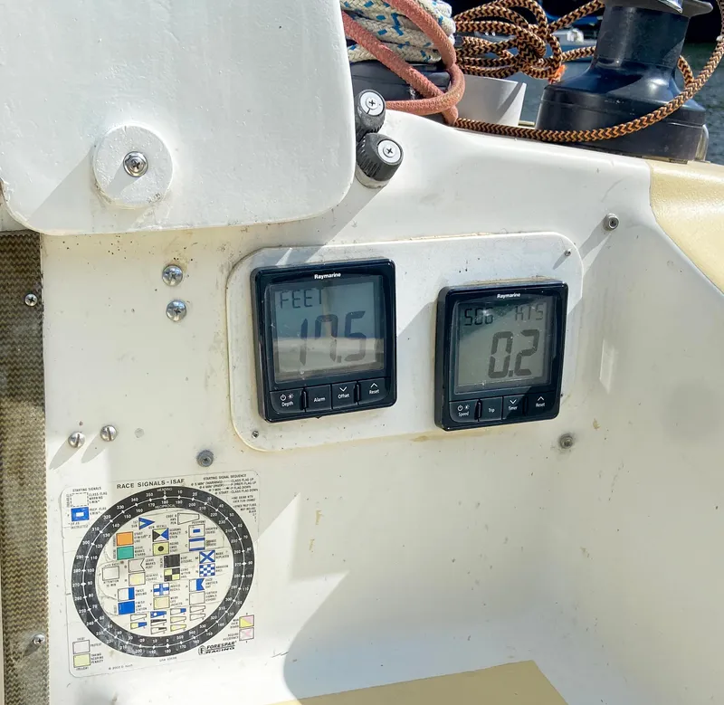 Slide: The Image of Sailing instruments on a 1990 Corsair F27, displaying depth and speed readings. - 10