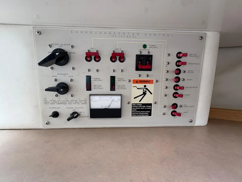 Slide: The Image of Control panel of a 1997 Maxum 3200 SCR boat, featuring generator and shore power switches. - 6