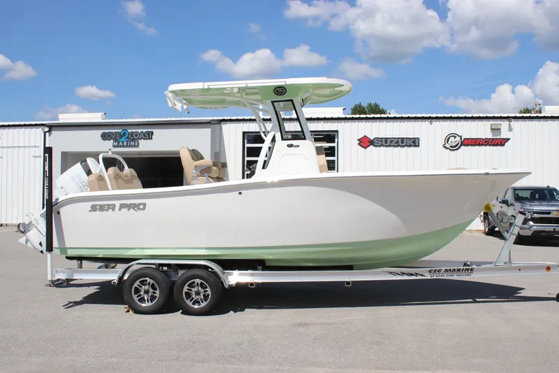 Slide: The Image of 2026 Sea Pro 245 Sandbar boat on trailer at Cove 2 Coast Marine dealership. - 35