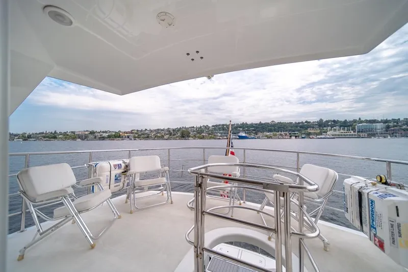 Slide: The Image of Aft deck of 1988 Hatteras 65 Sportfish yacht with seating, overlooking scenic waterfront. - 41