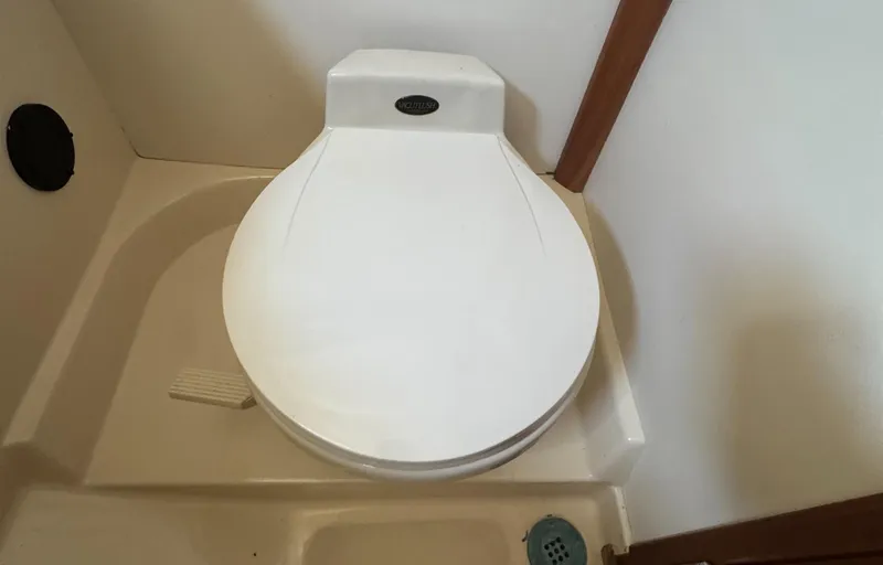Slide: The Image of 1999 Hinckley Picnic boat toilet with closed lid in compact bathroom setting. - 24